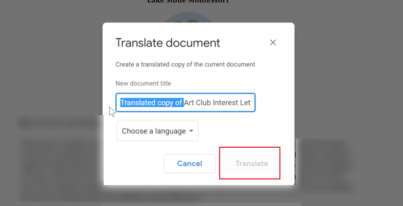 Click the Translate button in Google Docs