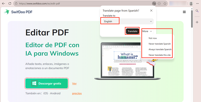 Translate a webpage in Microsoft Edge with its built-in translation feature