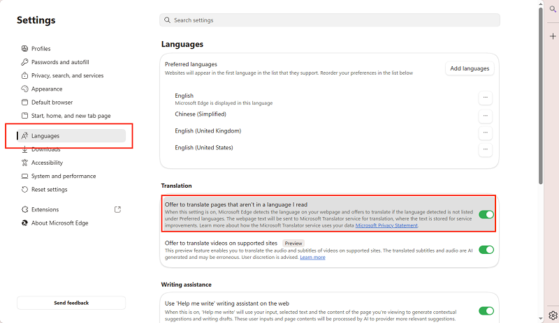 Enable automatic translation in Edge