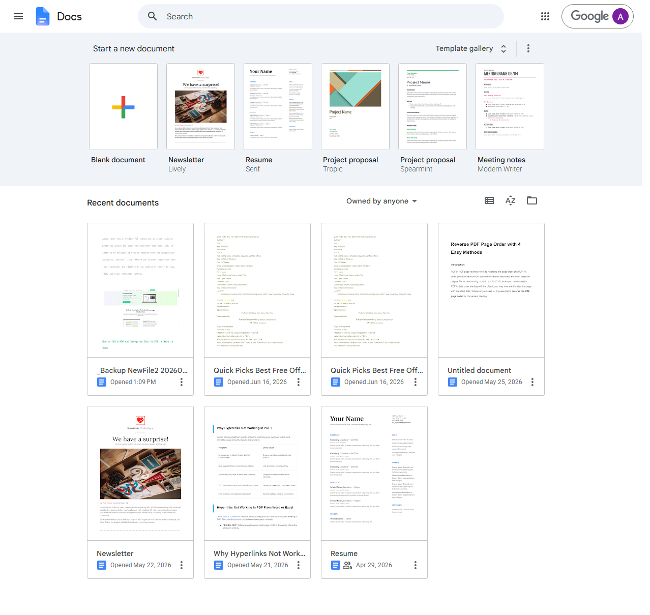 Google Doc file menu