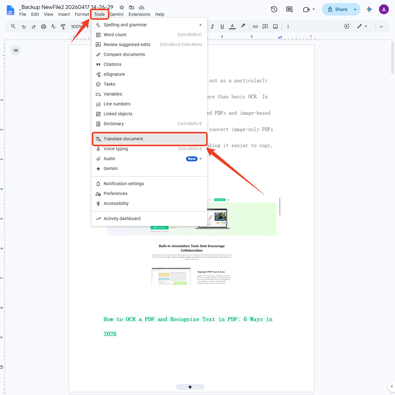 translate document google doc menu