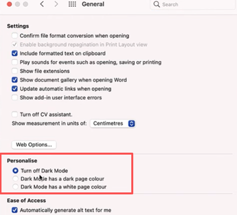How to Turn Dark Mode off on Word from Preferences step 2