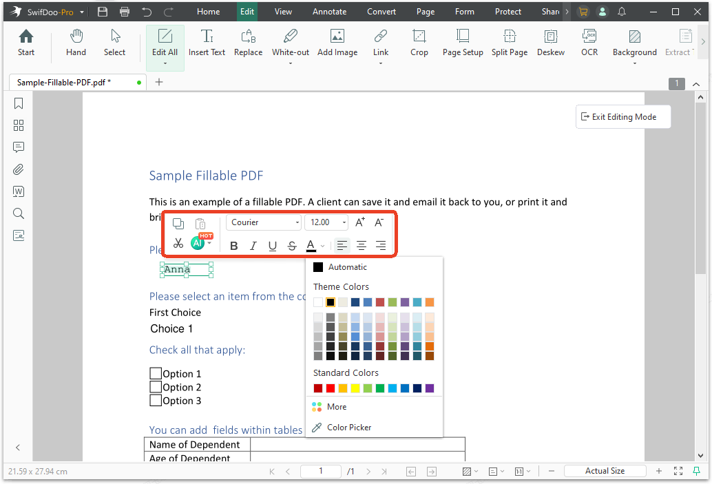 type text on the non-fillable forms