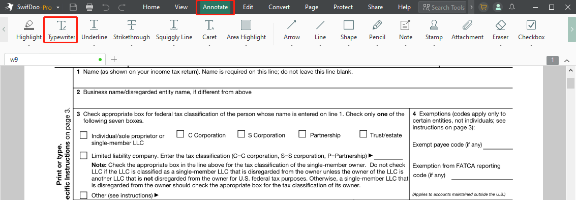 How to type on a PDF form with SwifDoo PDF step 2