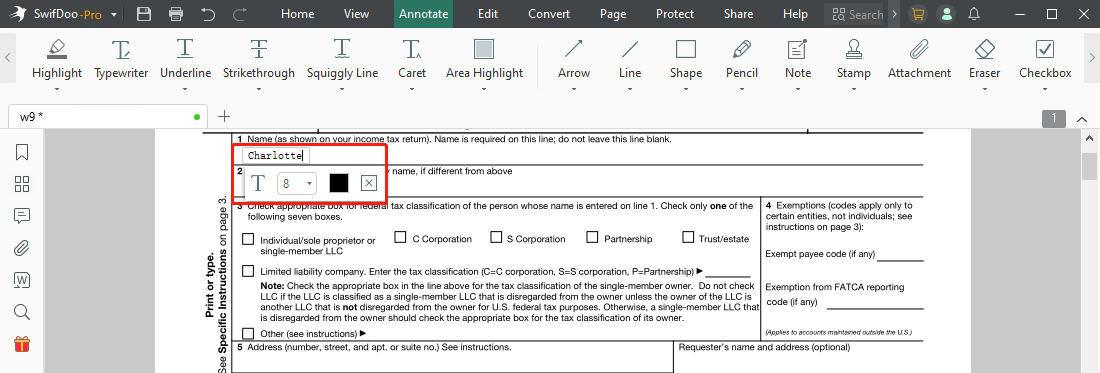 How to type on a PDF form with SwifDoo PDF step 3