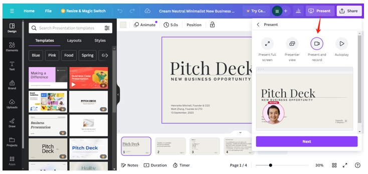 How to use Canva to record presentation
