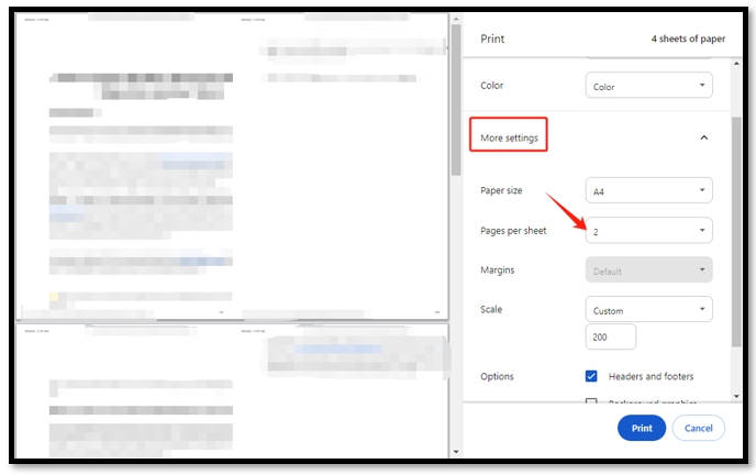 How to view two pages at once in Google Docs with the print preview 