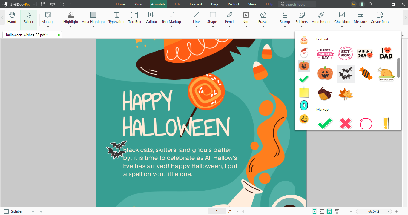 How to write Halloween sayings and greetings in SwifDoo PDF 1
