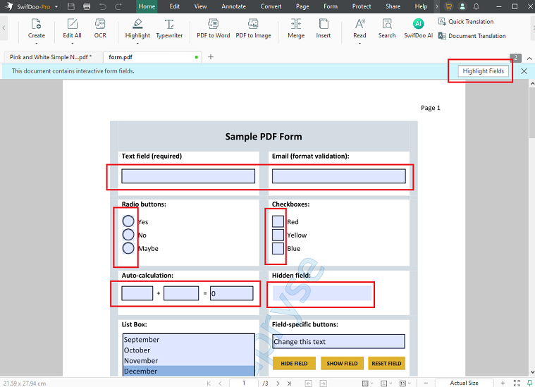 Click Highlight Field to highlight the interactive fields in SwifDoo PDF