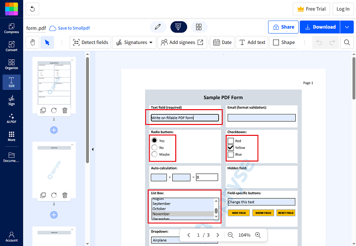 Write on the fillable PDF form in Smallpdf