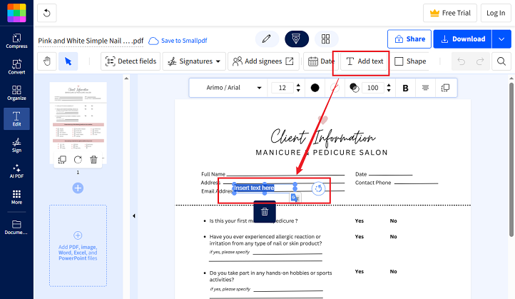 Click Add text to write on the non-fillable PDF form in Smallpdf