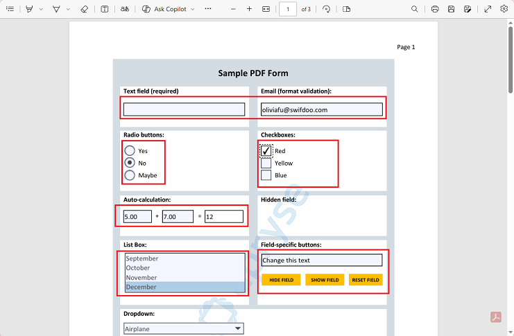Write on the fillable PDF form in Microsoft Edge