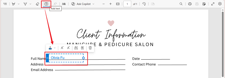Click Add text to write on the non-fillable PDF in Microsoft Edge