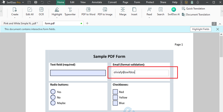 Click the interactive field and type the required information in SwifDoo PDF