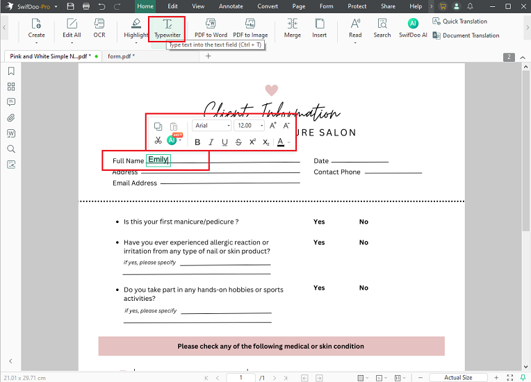 Click Typewriter and type information into the PDF form in SwifDoo PDF