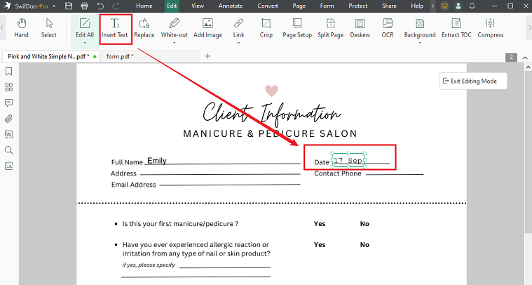 Click Insert Text and write on the PDF form in SwifDoo PDF