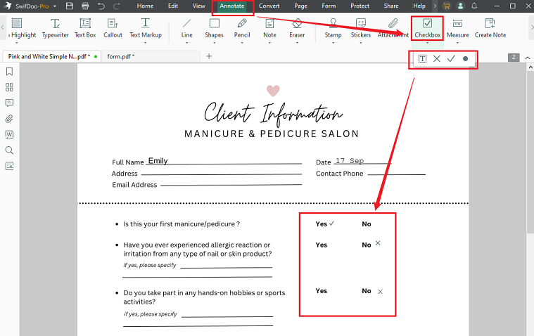 Go to Annotate and click Checkbox to add checkmarks to the PDF in SwifDoo PDF