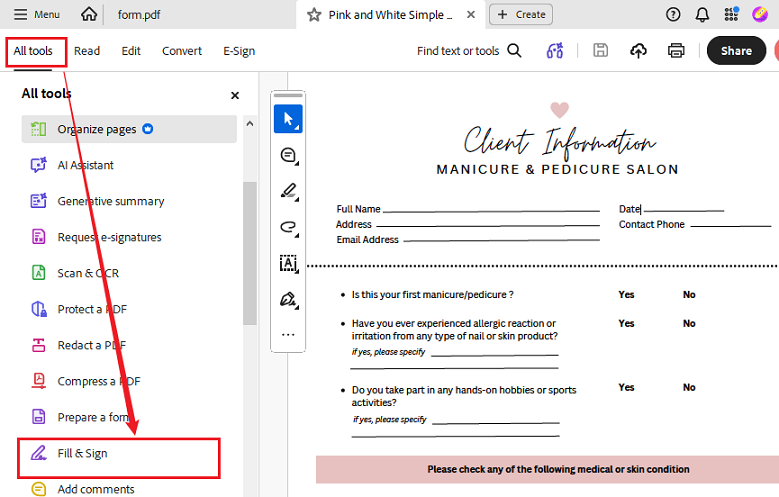 Click All tools and select Fill & Sign in Adobe Acrobat Reader