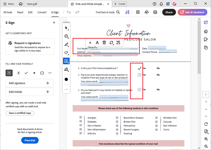 Write on the non-fillable PDF form in Adobe Acrobat Reader