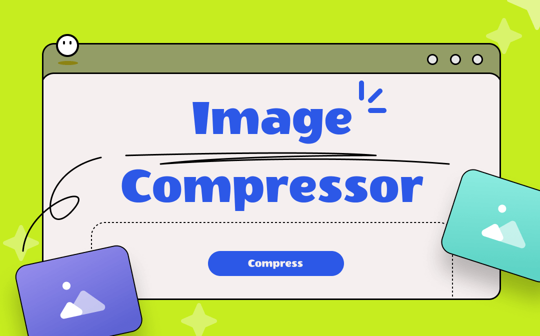  A screenshot of a web page with a green background and a blue and white frame around the text 'Image Compressor'. There are two images on the left and right of the frame. The image on the left is a photo of a man and a woman looking at each other. The image on the right is a photo of a group of people in a meeting.