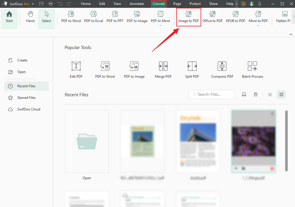 Choose the Image to PDF option under the Convert tab in SwifDoo PDF