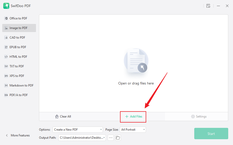 Click on + Add Files to import the target image into SwifDoo PDF