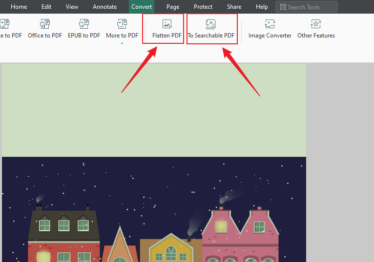 Select the Flatten PDF option or the To Searchable PDF option to make the scanned PDF only searchable or editable in SwifDoo PDF
