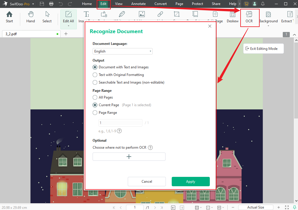 Choose the OCR option under the Edit tab in SwifDoo PDF to make the scanned PDF searchable and editable