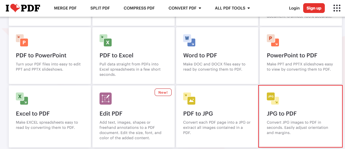 Choose the JPG to PNG option in iLovePDF