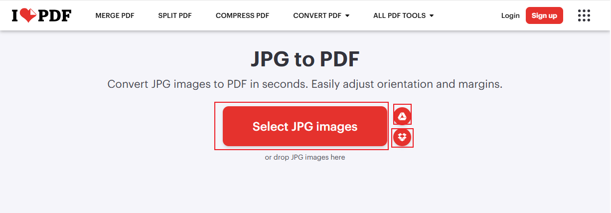 Click the Select JPG images button to upload the target picture to iLovePDF