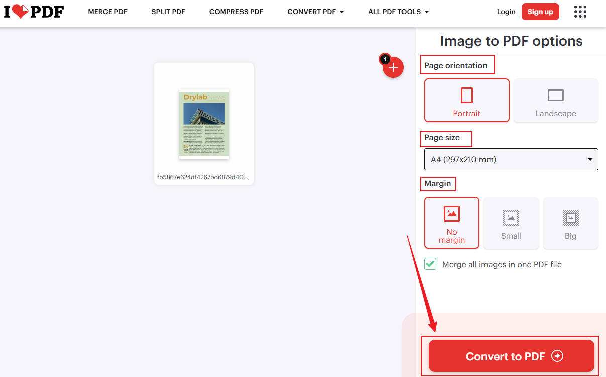 Personalize scanned PDF page settings in iLovePDF and click the Convert to PDF button