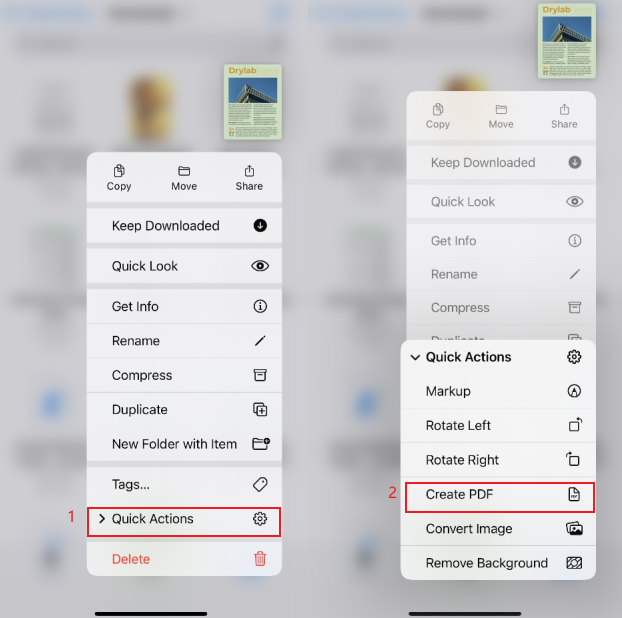 Long-press the target picture and tap the Quick Actions option to choose the Create PDF option in the Files app