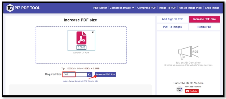 Increase PDF size to 300KB in PDF size increaser