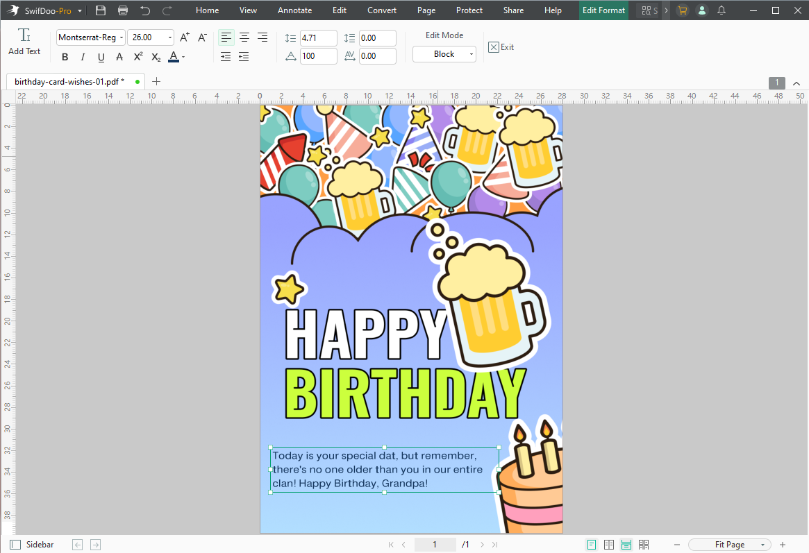 Insert Birthday Wish Text into PDF Card