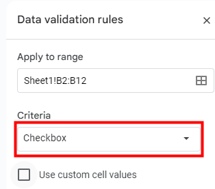 Insert checkbox in Excel using Google Sheets 3