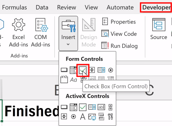 Insert checkbox in Excel with the Developer tab 2