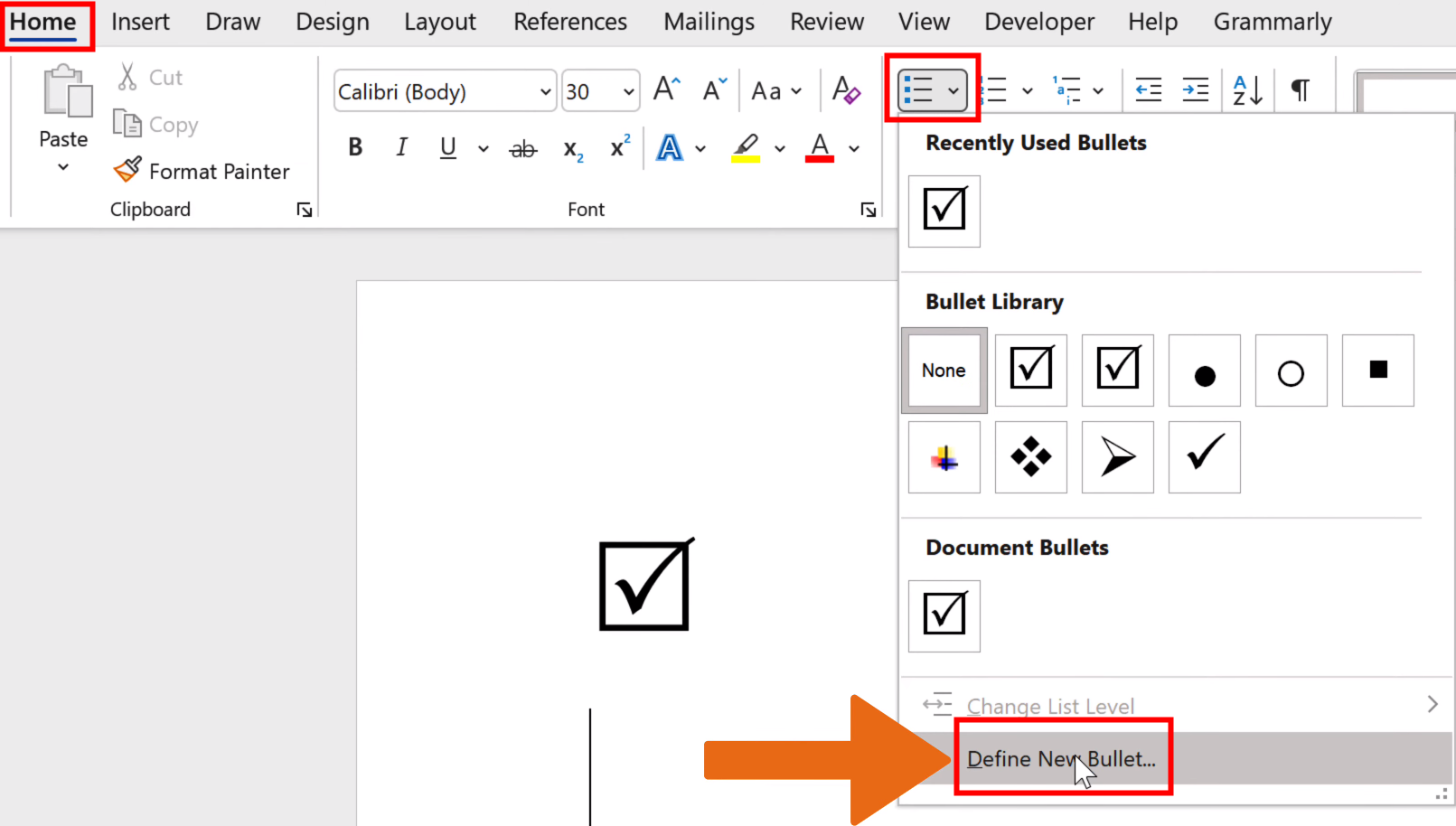 Insert checkbox in Word using the Bullets function 1