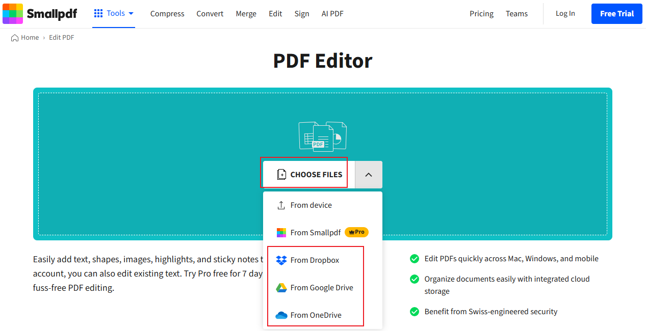 Click CHOOSE FILES to import the target PDF into Smallpdf