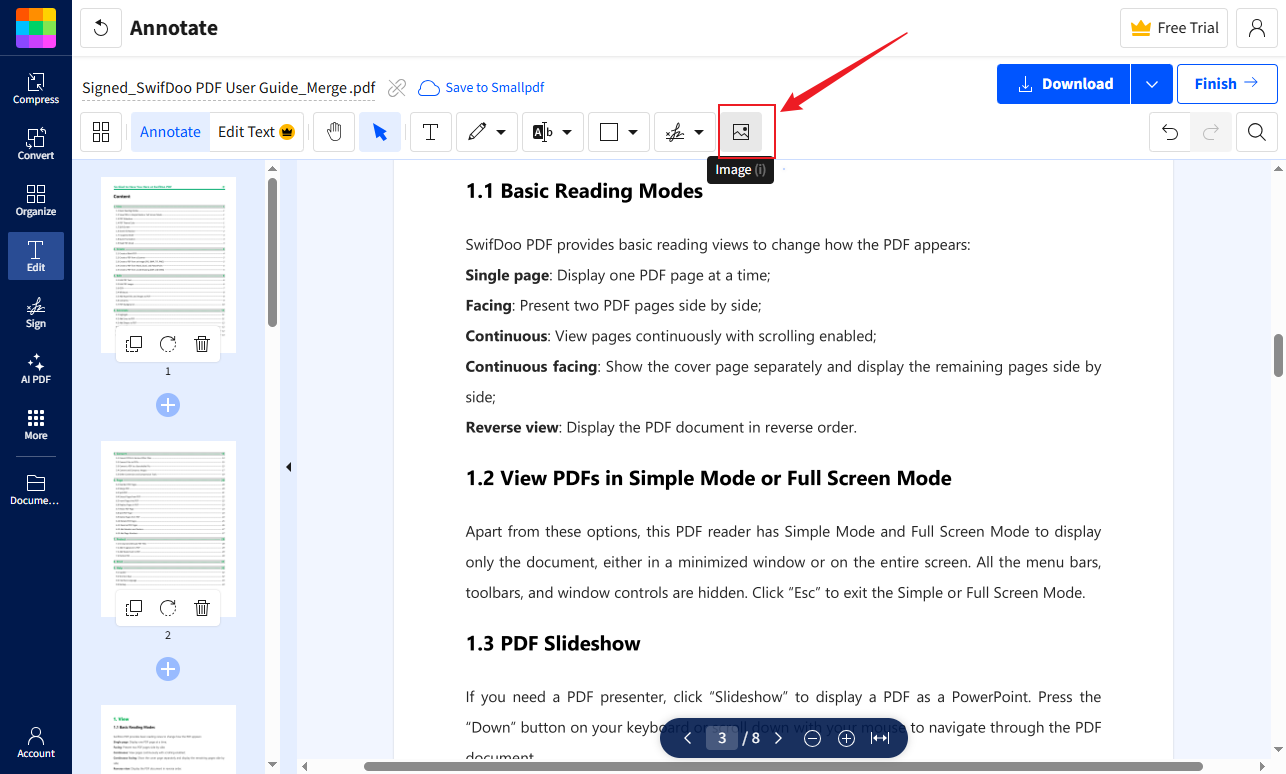 Click the Image icon in Smallpdf to insert an image into the PDF