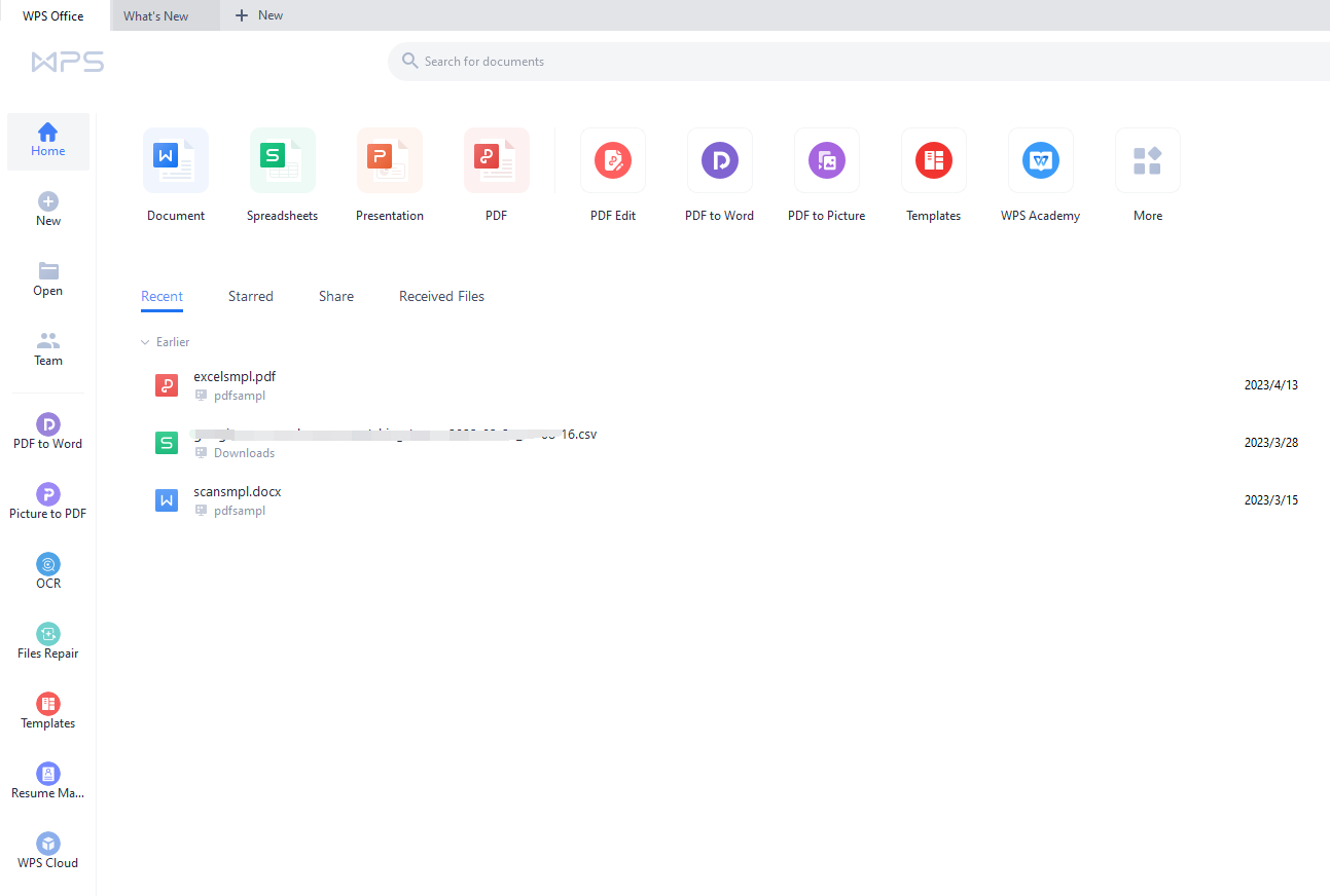 Interface of WPS Office