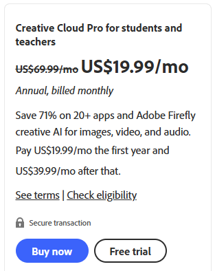 Price of the Creative Cloud Pro for students and teachers plan