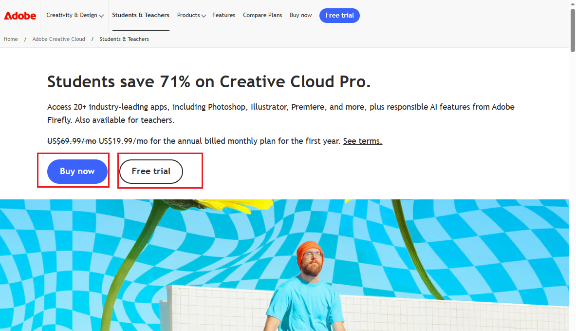 Click Buy Now or Free Trial to get Adobe Acrobat as a student