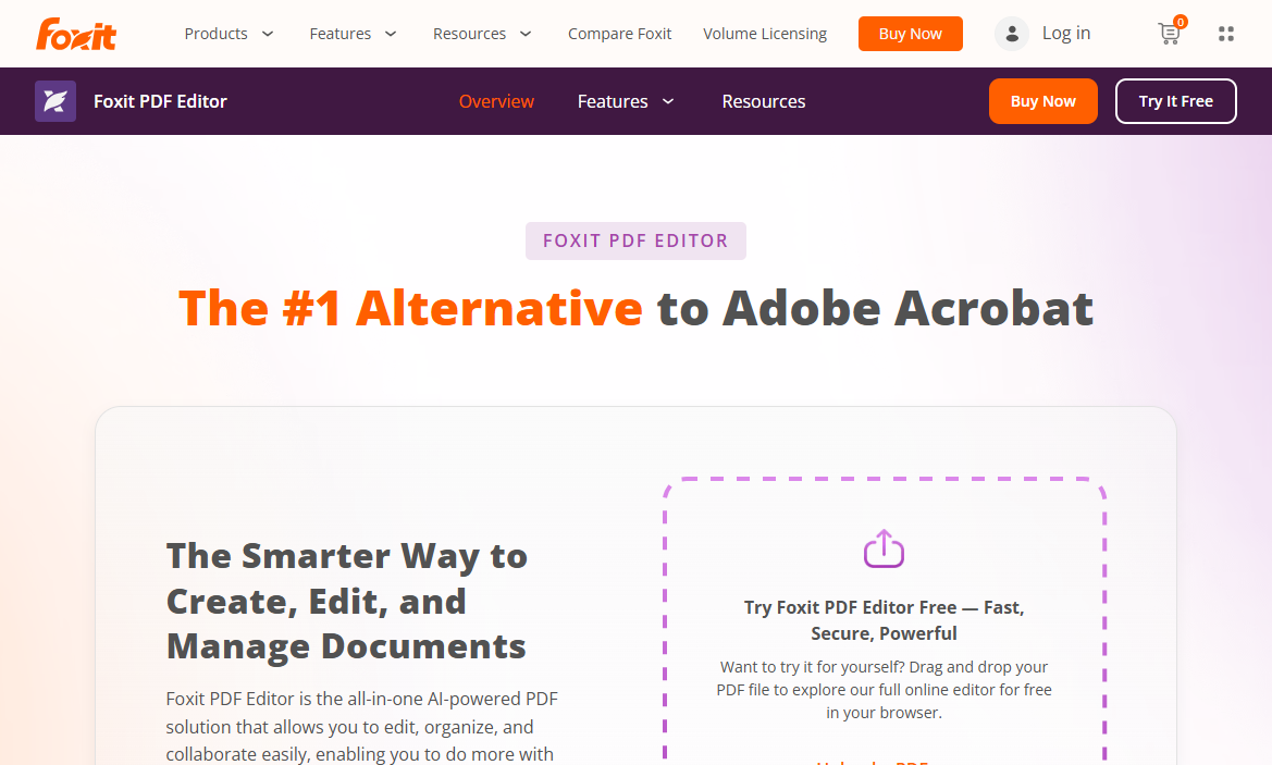 The website interface of Foxit PDF Editor