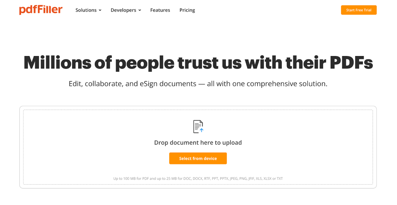 Interface of pdfFiller