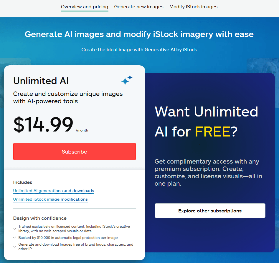 iStock Unlimited AI plan