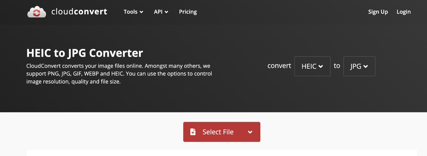 The HEIC to JPG Converter interface of CloudConvert