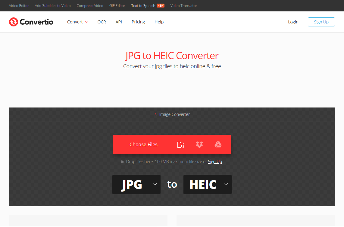 The JPG to HEIC Converter interface of Convertio