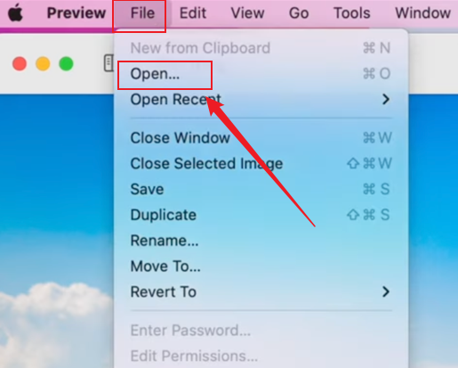 Click File and select Open to import your JPG image in Preview