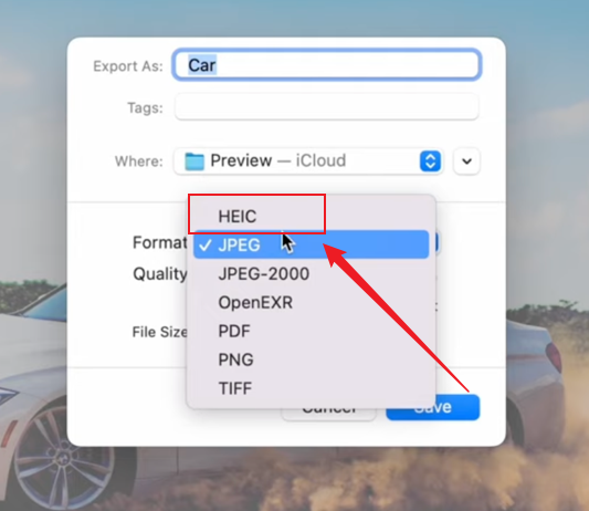 Select the HEIC option from the Format dropdown of Preview