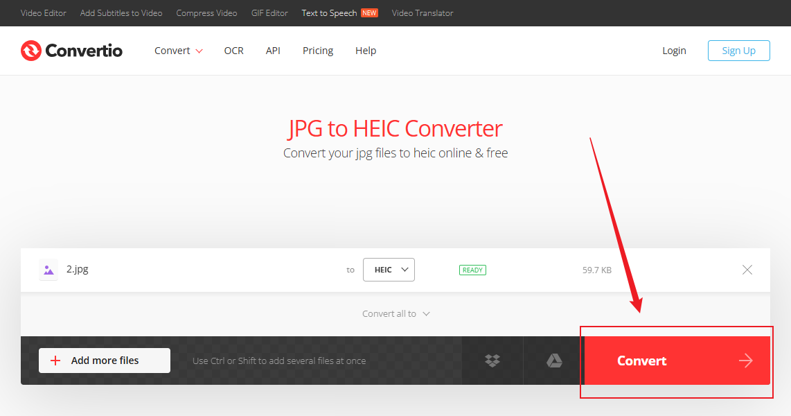 Click Convert to activate the JPG to HEIC conversion process in Convertio